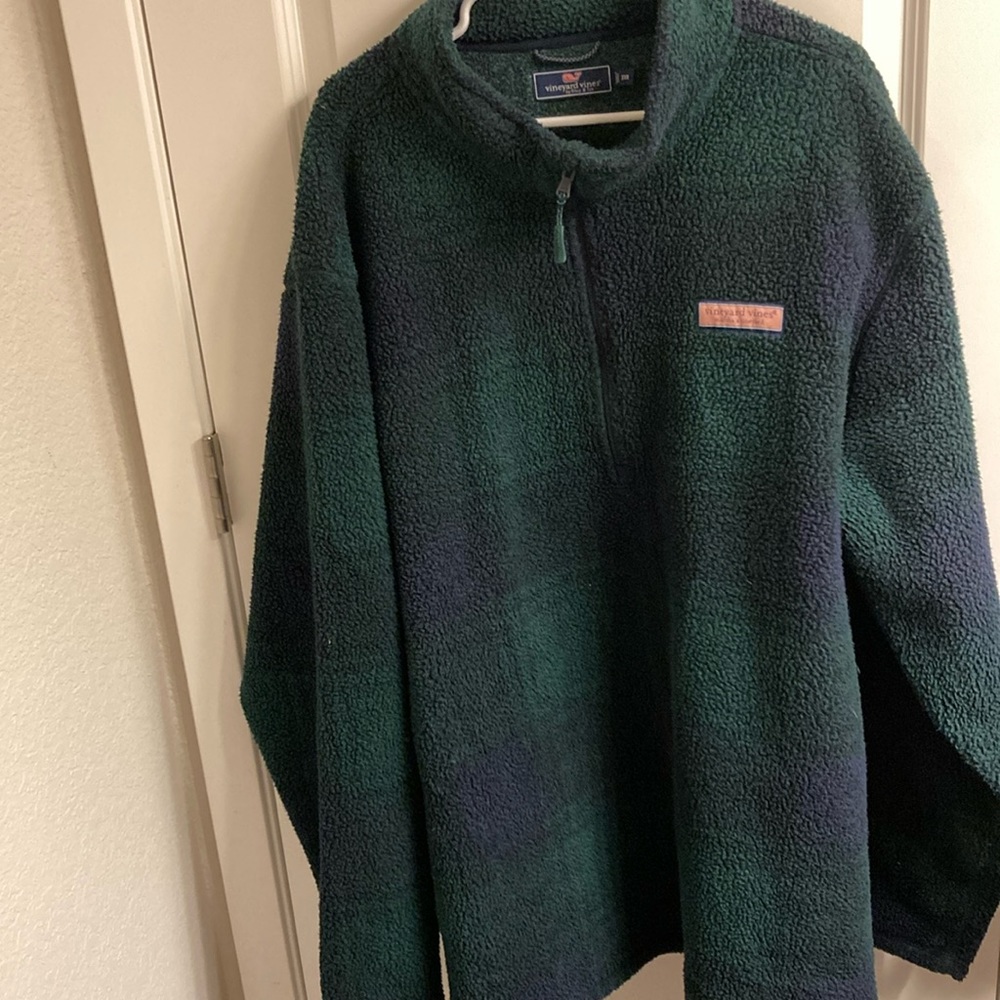 Vinyard Vines fleece pullover 1/4 zip green and navy plaid 3XL
